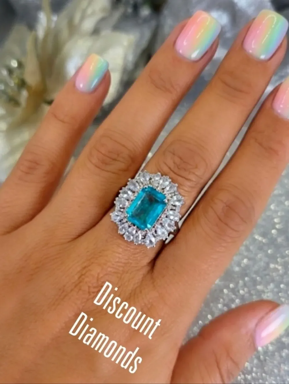 Neon Blue Paraiba & Clear Zircon Cocktail Ring 18K White Gold on 925 Silver